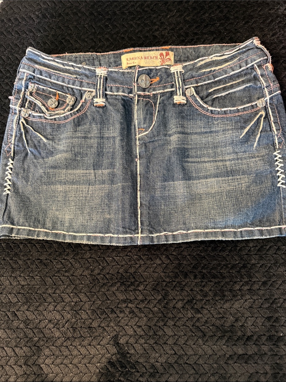 Laguna B Denim Mini Skirt in Washed Blue with Contrast Stitching